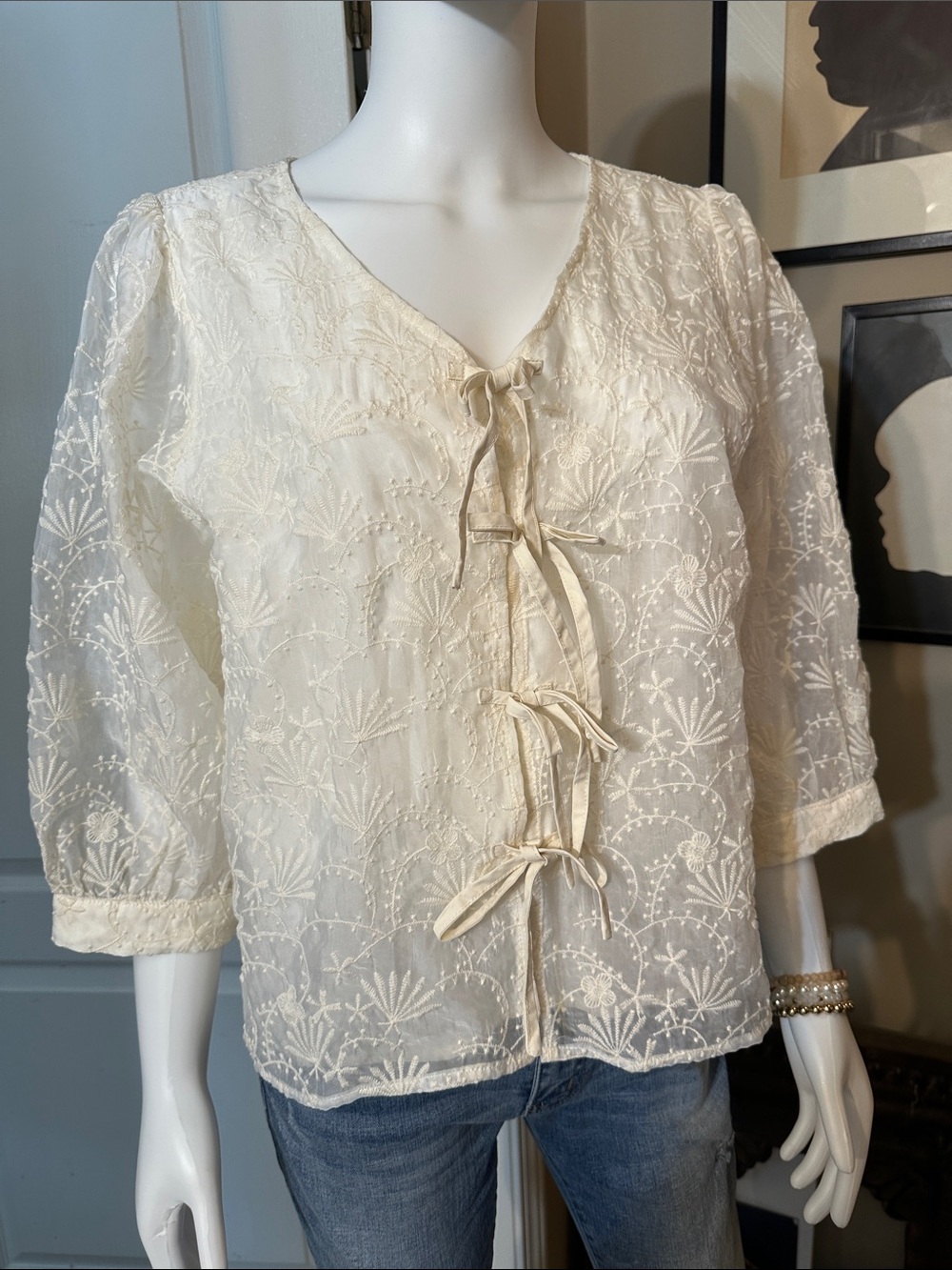 JODIFL Cream Embroidered Tie-Front Blouse
